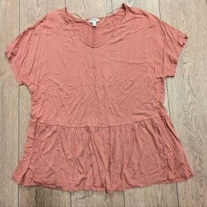 Terra & Sky Plus Size 0X 14 Pink Mauve Rose V Neck Babydoll Top Shirt